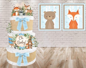 Woodland Creatures Diaper Cake is a Baby Shower Gift for a Boy - Light Blue