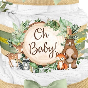 Baby Shower Gift for a Boy or Girl is a Woodland Creatures Diaper Cake Fox Cake Topper Burlap and Sage Green image 3