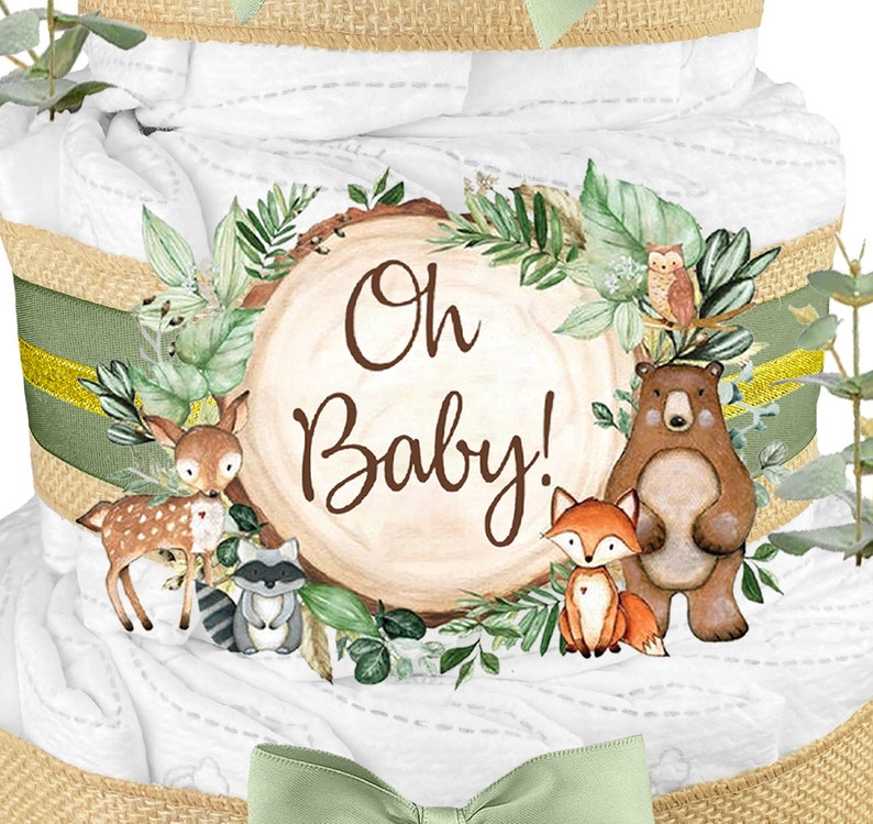 Baby Shower Gift for a Boy or Girl is a Woodland Creatures Diaper Cake Fox Cake Topper Burlap and Sage Green image 3