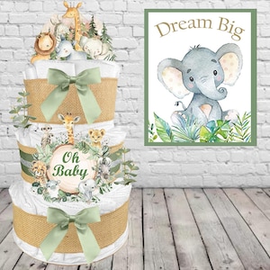 Safari Diaper Cake, Gender Neutral Baby Shower, Newborn Boy or Girl Gift Idea, Sage Green