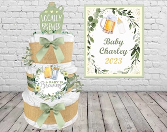 Brew Diaper Cake for a Gender Neutral Baby Shower Gift - A Baby is Brewing - for a Boy or Girl - Burlap and Sage Green