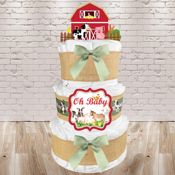 Farm Diaper Cake is a Gender Neutral Baby Shower Gift for a Boy or Girl - Barn Cake Topper with Cow and Pig