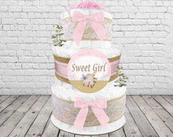 Shabby Chic Diaper Cake is a Baby Shower Gift for a Girl - Newborn Gift for a Girl - Burlap Lace and Light Pink