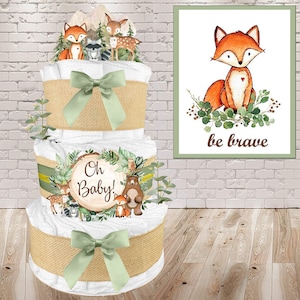 Woodland Creatures Diaper Cake for a Gender Neutral Baby Shower Gift - Sage Green