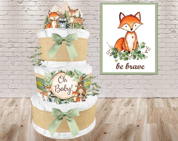 Woodland Creatures Diaper Cake for a Gender Neutral Baby Shower Gift - Sage Green