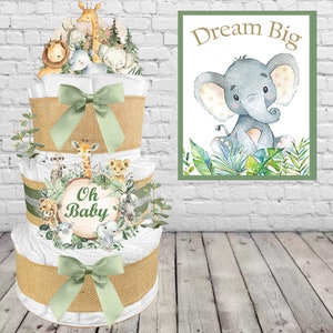 Safari Diaper Cake is a Gender Neutral Baby Shower Gift for a Boy or Girl - Sage Green