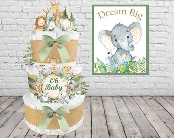 Safari Diaper Cake is a Gender Neutral Baby Shower Gift for a Boy or Girl - Sage Green