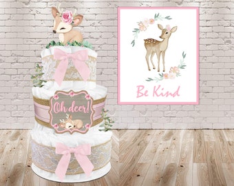 Woodland Creatures Diaper Cake with a Deer Cake Topper for a Baby Shower Gift for a Girl is made with Lace Burlap and Light Pink colors