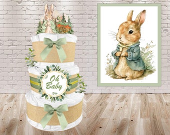 Peter Rabbit Diaper Cake for a Gender Neutral Baby Shower Gift or Gender Reveal Newborn Gift made with Burlap and Sage Green