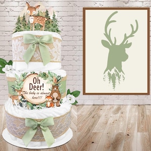 Deer Diaper Cake, Woodland Creatures, Oh Dear the Baby is almost here, Gender Neutral, Gender Reveal Gift, Burlap and Green