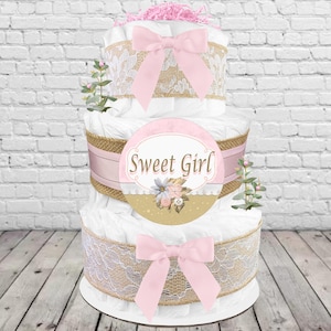 Shabby Chic Diaper Cake, Baby Shower Gift for a Girl, Newborn Gift for a Girl, Burlap Lace and Pink, Boho, Size 1 Diapers