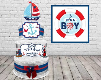 Nautical Themed Diaper Cake with an Ahoy it's a Boy theme - Baby Shower Gift for a Boy includes Sailboat Cake Topper