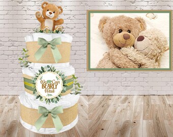 Teddy Bear Diaper Cake with a We Can Bearly Wait theme for a Gender Neutral Baby Shower Gift made with Burlap Eucalyptus and Sage Green