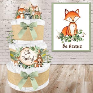 Woodland Creatures Diaper Cake, Gender Neutral Baby Shower Gift for a Boy or Girl, Sage Green, Size 1 Diapers