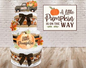 Baby Shower Gift for a Boy or Girl is a Fall Diaper Cake that includes a Truck Cake Topper with a Little Pumpkin Sign