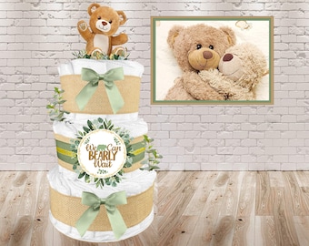 Teddy Bear Diaper Cake for a Gender Neutral Baby Shower Gift - We Can Bearly Wait - Eucalyptus and Sage Green