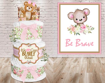 Teddy Bear Diaper Cake with a We Can Bearly Wait theme for a Cute Baby Shower Gift for a Girl