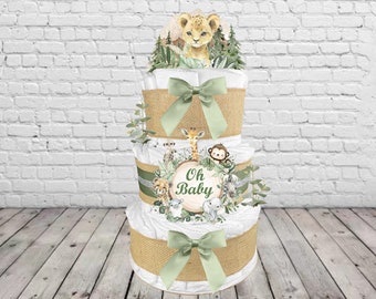 Safari Diaper Cake with Lion Cake Topper for a Baby Shower Gift for a Boy or Girl made with Burlap and Sage Green colors
