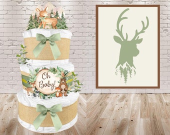 Woodland Creatures Diaper Cake with Deer Cake Topper for a Gender Neutral Baby Shower Gift for a Boy or Girl made with Burlap and Sage Green