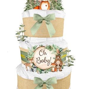 Baby Shower Gift for a Boy or Girl is a Woodland Creatures Diaper Cake Fox Cake Topper Burlap and Sage Green Green 3-Tier