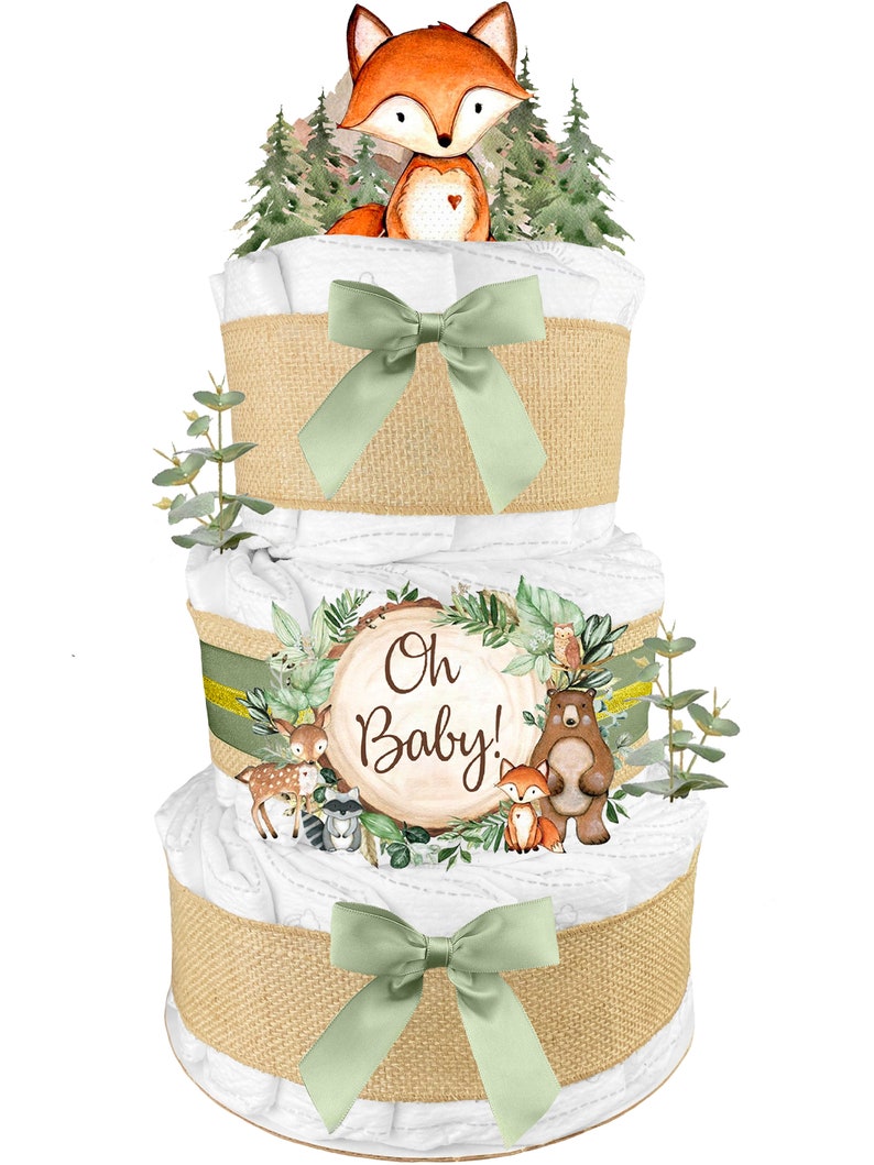 Baby Shower Gift for a Boy or Girl is a Woodland Creatures Diaper Cake Fox Cake Topper Burlap and Sage Green Green 3-Tier