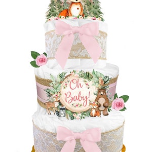 Baby Shower Gift for a Boy or Girl is a Woodland Creatures Diaper Cake Fox Cake Topper Burlap and Sage Green Pink 3-Tier
