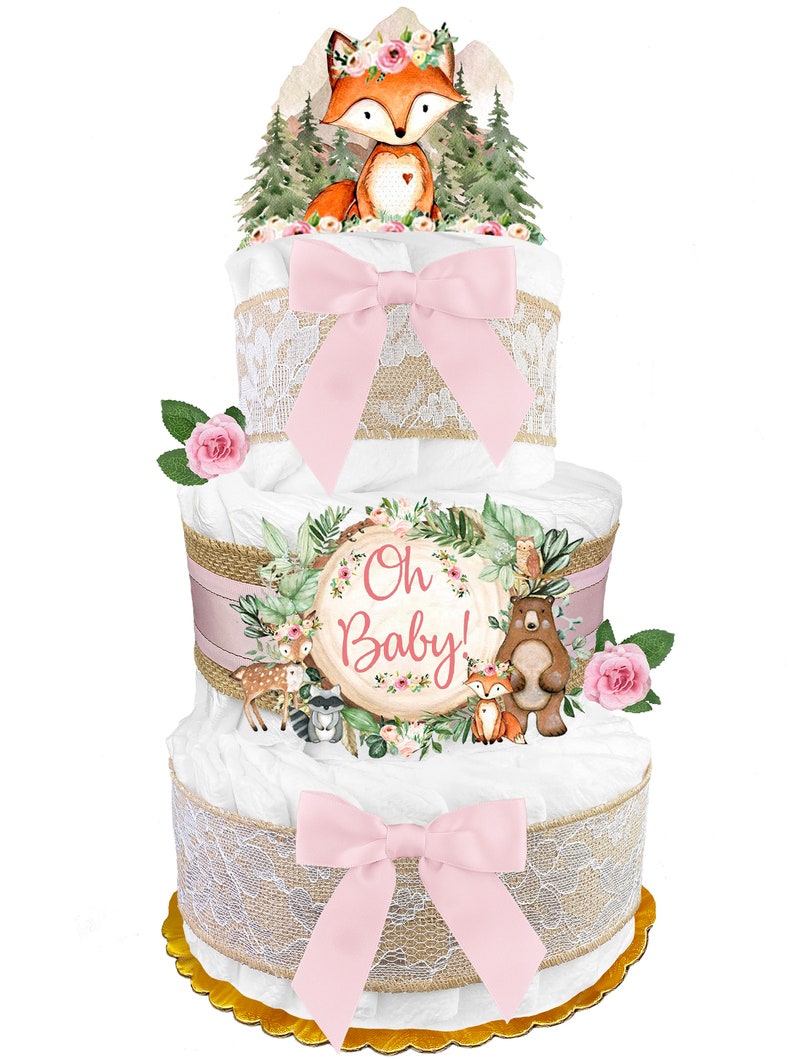 Baby Shower Gift for a Boy or Girl is a Woodland Creatures Diaper Cake Fox Cake Topper Burlap and Sage Green Pink 3-Tier