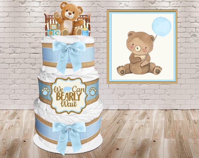 Teddy Bear Diaper Cake - "We can Bearly wait" - Baby Shower Gift for a Boy - Customize - Burlap and Blue