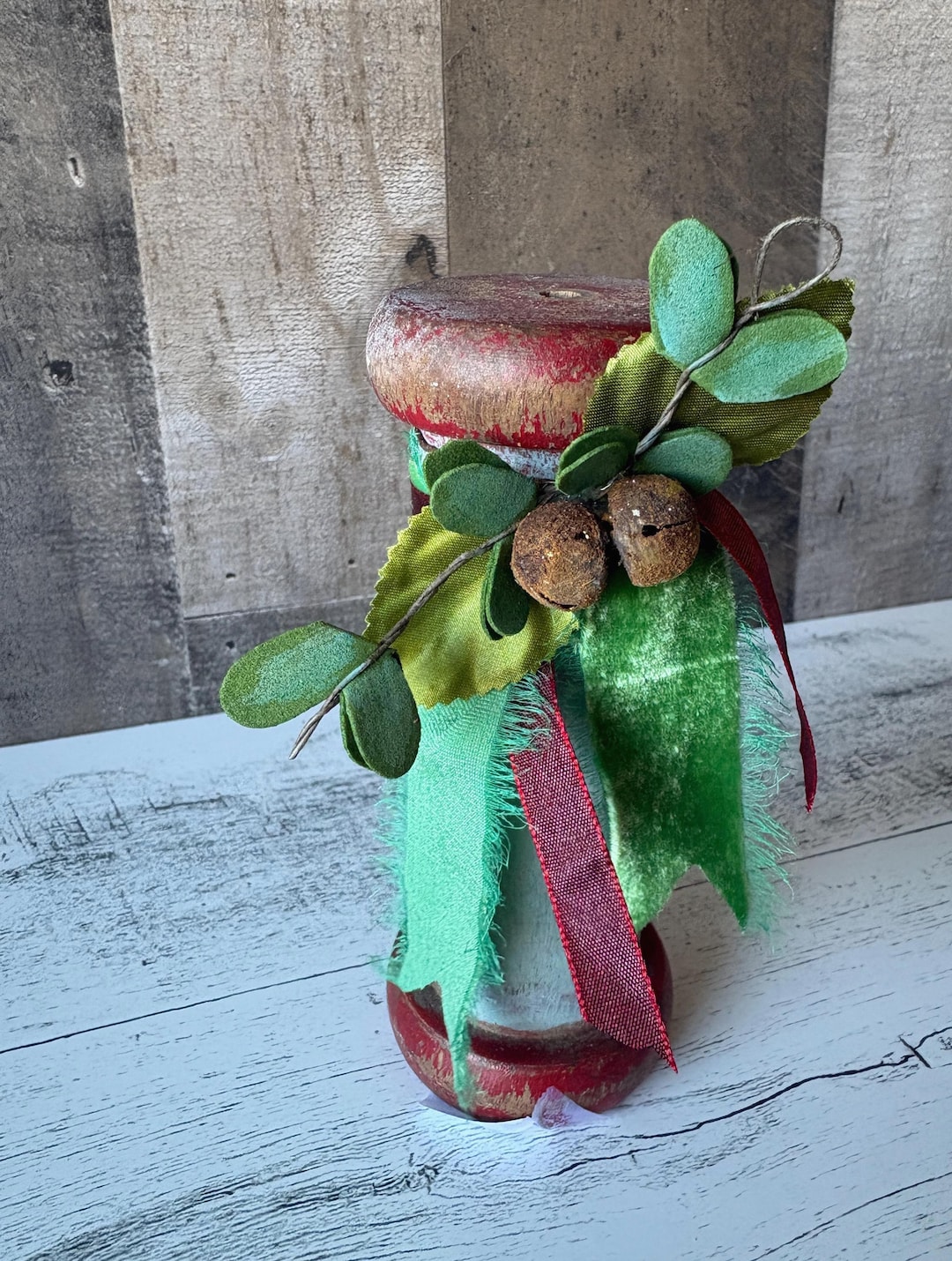 Primitive Wooden Spool With Holiday Décor, Rustic Christmas Decoration ...