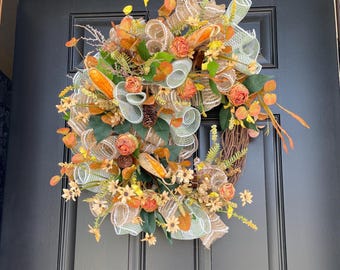 Fall Farmhouse  Wreath with Corn, Fall lovers gift, Fall Door wreath gift, Fall Wedding decor, Thanksgiving decor, Rustic wreath for fall