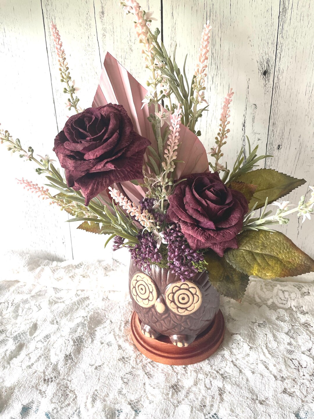 Owl Grove Roses Burgundy Roses Floral Arrangement in Ceramic Owl Vase – Cottagecore ...