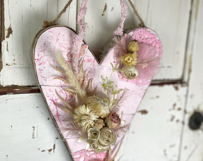 Heart Wall Hanging With Dried Flowers – Pink Shabby Chic Decor ...