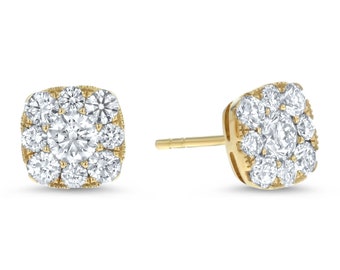 18K Gold Diamond Halo Cluster Stud Earrings. Square Shaped Diamond Halo Cluster Stud Earrings. Stud Earring. Gold Earring.