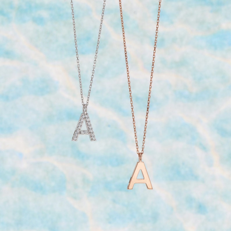 14K Solid White Yellow Letter Initial Pendant Necklace or Rose Gold With or Without Natural Diamonds