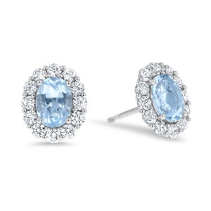 9ct White Gold Diamond And Oval Aquamarine Stud Earrings Inc Luxury Gift Box 