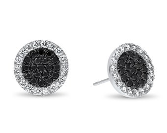 18K Gold Black And White Diamond Halo Cluster Disc Earrings. Round Shaped Diamond Halo Cluster Disc Earrings. Disc Earrings. Gold Earrings.