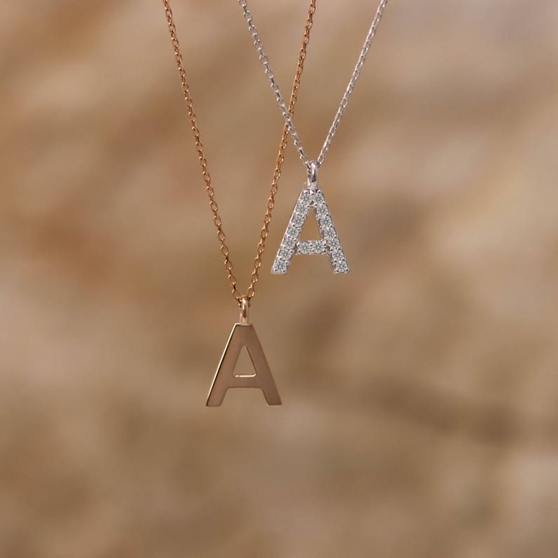 14K Solid White Yellow Letter Initial Pendant Necklace or Rose Gold With or Without Natural Diamonds