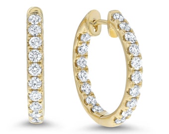 18K Gold Inside Out Diamond Hoop Earrings. One Row Inside Out Diamond Hoop Earrings. Hoop Earrings. Gold Earrings.