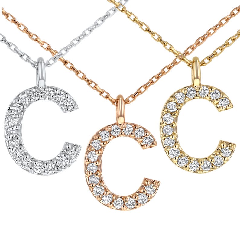14K Solid White Yellow Letter Initial Pendant Necklace or Rose Gold With or Without Natural Diamonds
