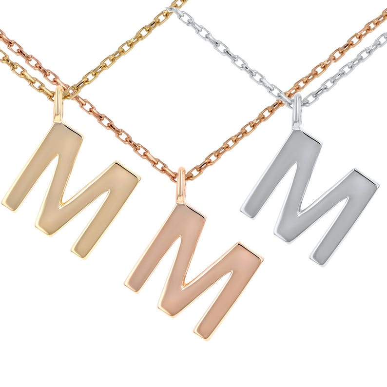 14K Solid White Yellow Letter Initial Pendant Necklace or Rose Gold With or Without Natural Diamonds