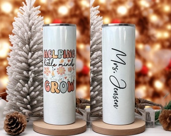 Teacher Gift - Personalized Tumbler Helping Little Minds Grow Floral - Teacher Appreciation Gift 20oz Gift For Her Shimmer Glitter Finish