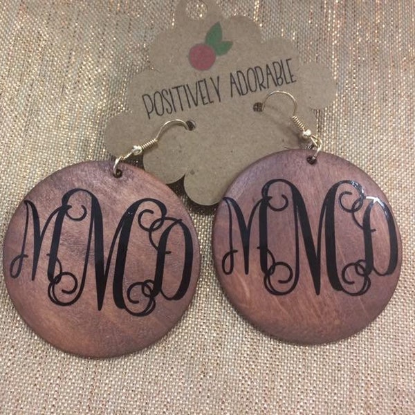 Round Wooden Monogram Earring