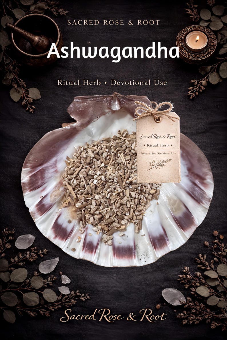 May include: Image of ashwagandha root pieces in a large shell. The shell is white and purple. A small tag with text that reads "Sacred Rose & Root" is tied to the shell. The text "Ashwagandha" is at the top of the image.