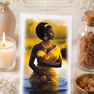 Könnte beinhalten: Eine rechteckige Karte mit der Illustration einer dunkelhäutigen Person in einem gelben Kleid, mit goldenem Schmuck und einem gelben Stirnband, die im Wasser steht. Der Text SACRED ROSE & ROOT und HERBAL WISDOM ROOTED IN TRADITION steht darüber.