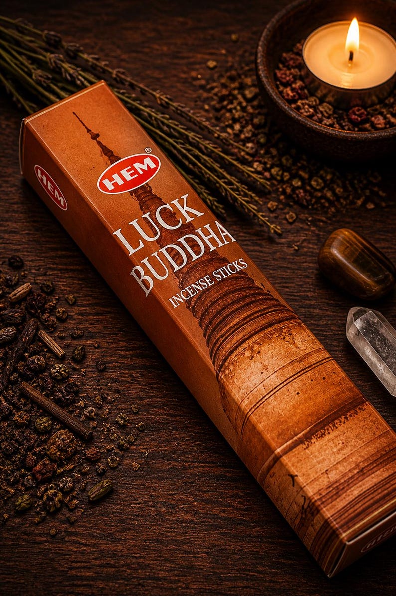 Lucky Buddha Incense Sticks (6 Packs) Prosperity Luck Peaceful Energy Sacred Rose & Root image 1