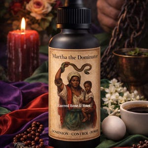May include: A black bottle with a dropper top, labeled "Martha the Dominator" with an illustration of a woman and child. The label also includes the text "Sacred Rose & Root" and "Dominion, Control, Power". A lit red candle and rosary beads are in the background.