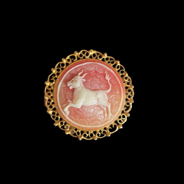 Taurus Cameo Brooch in Gold-Tone Metal