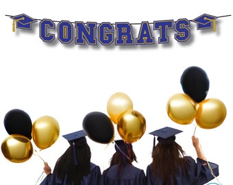 CONGRATS Varsity Style Graduation Banner, Grad Party Decor, Blue/Gold, Blue/Silver, Blue/White Graduation Decorations