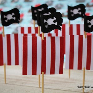 Pirate Cupcake Toppers, Pirate Sails, Pirate Party Decorations, Red/White Stripe Sails, Skull & Bones Decorations