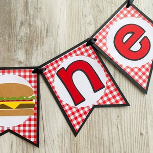 Hamburger ONE Banner, BBQ High Chair Banner, Cheeseburger First Birthday Party Decorations, Red Gingham Cook-out 1st Birthday Party Decor